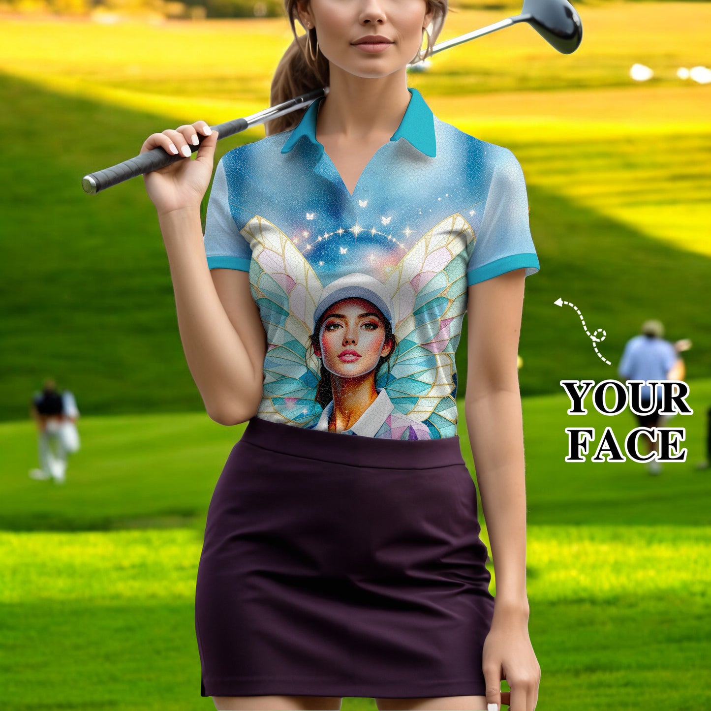 Custom Face Women’s Golf Polo Shirt – Spring Butterfly Mirage Art | Personalized Floral Fantasy Sports Shirt for Golfers Style 4