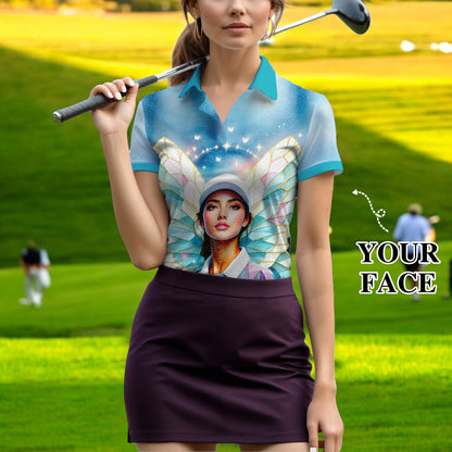 Custom Face Women’s Golf Polo Shirt – Spring Butterfly Mirage Art | Personalized Floral Fantasy Sports Shirt for Golfers Style 4