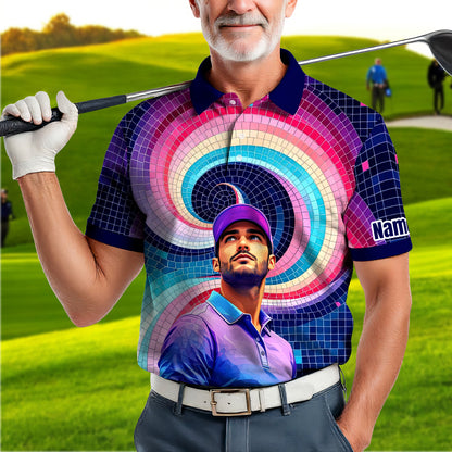 HomyGifts Men's Customized Face Artistic Golf Polo Shirt, Mosaic Art Style, Unique Personalized Golf Polo For Men