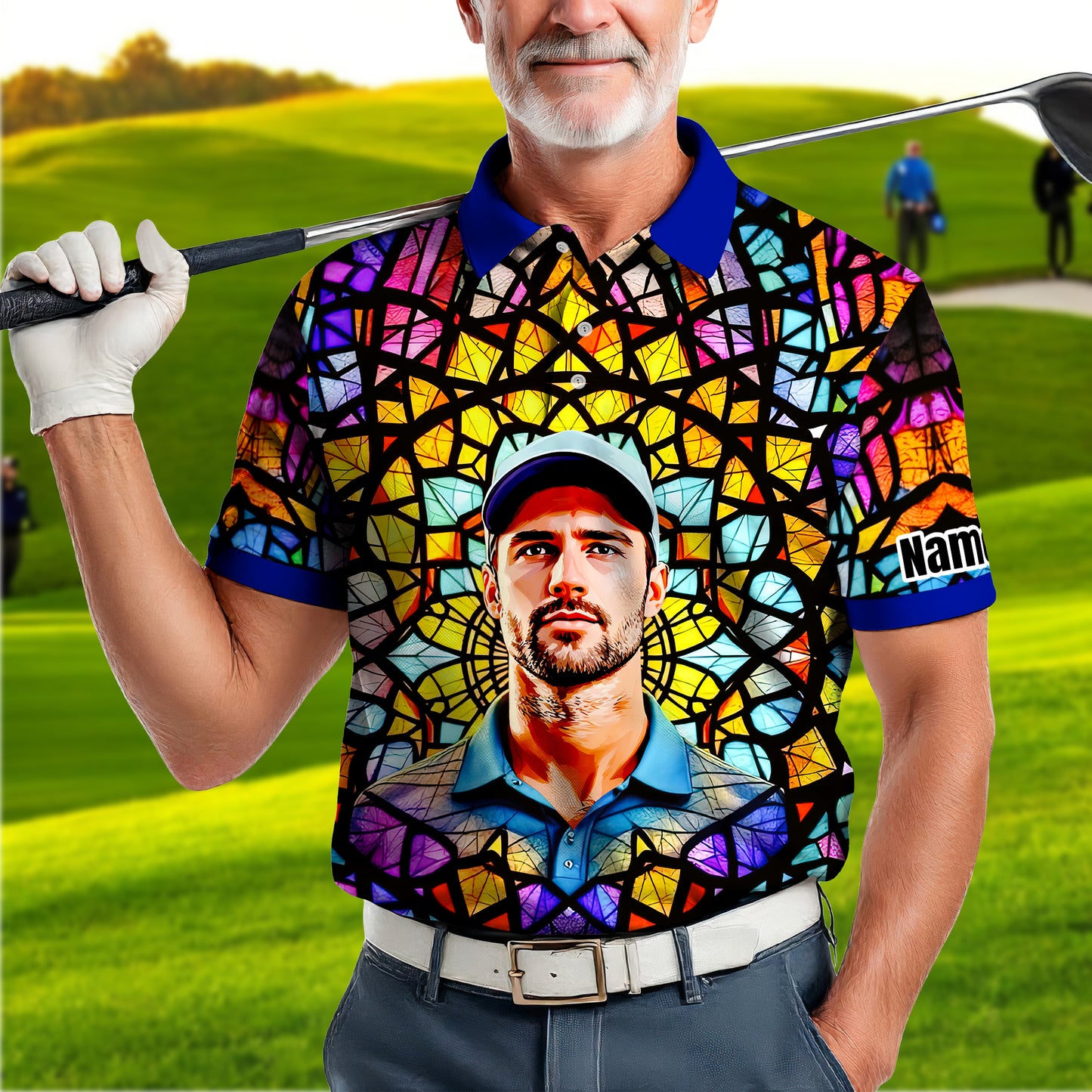 Custom Face Golf Polo Shirt – Personalized Stained Glass Mandala Style Polo, Unique Gift for Men & Women, Vibrant Artistic Golf Shirt, Custom Photo Polo