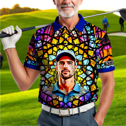 Custom Face Golf Polo Shirt – Personalized Stained Glass Mandala Style Polo, Unique Gift for Men & Women, Vibrant Artistic Golf Shirt, Custom Photo Polo