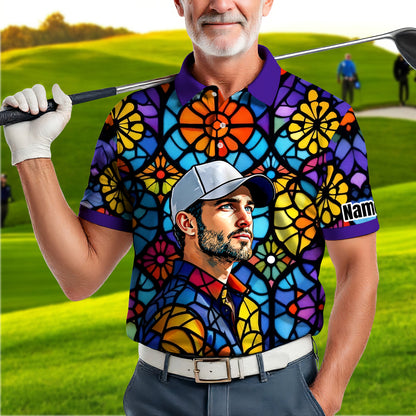 Custom Face Golf Polo Shirt – Personalized Stained Glass Art Shirt, Unique Golf Gift for Him, Colorful Abstract Golf Polo, Custom Sportswear