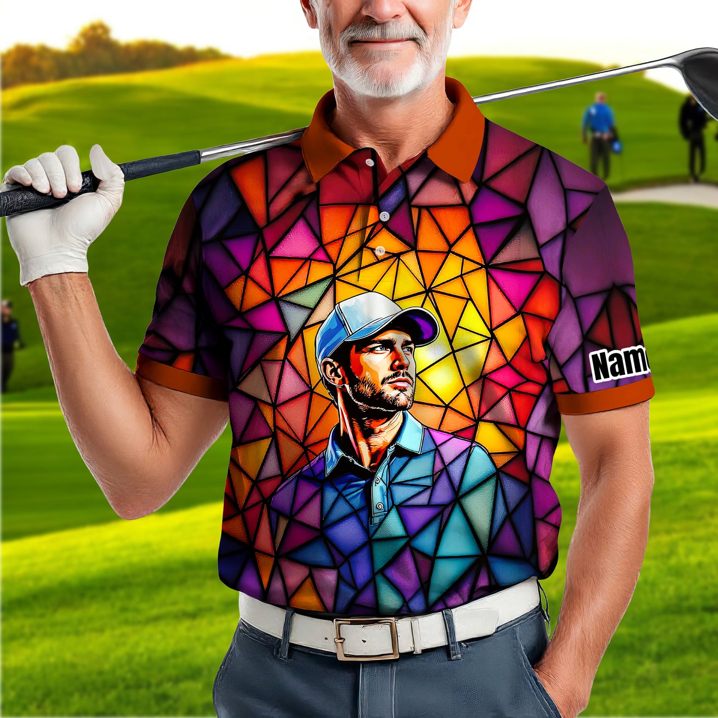 HomyGifts Men's Customized Face Artistic Golf Polo Shirt, Angular Geometric Glass Pattern, Stained-Glass Mosaic Print, Personalized Sublimation Golf Shirt, Vibrant Geometric Portrait Tee