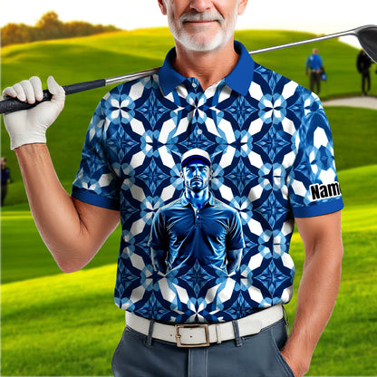 Custom Face Polo Shirt – Geometric Diamond Pattern | Personalized Photo Golf Polo | Unique Gift for Him, Retro Geometric Style Shirt Style 16