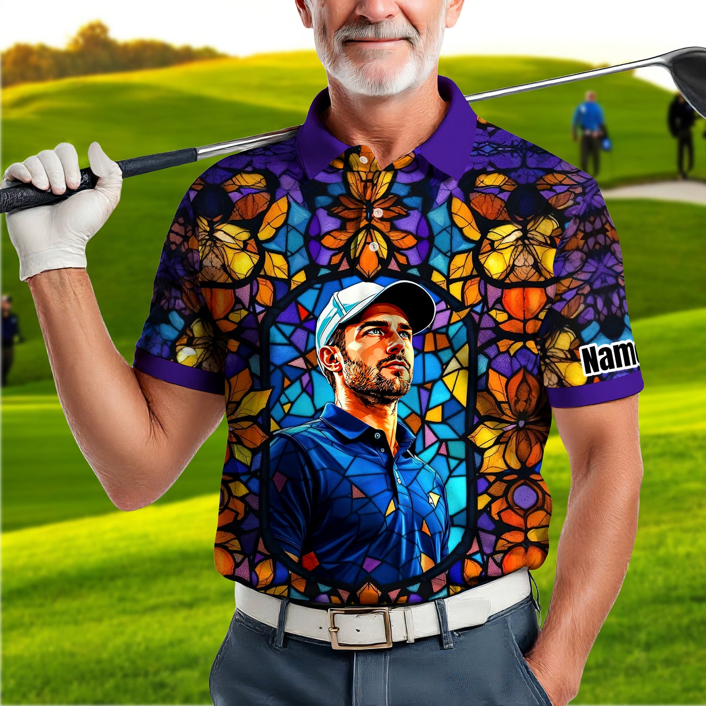 Custom Face Golf Polo Shirt – Personalized Stained Glass Art Shirt, Unique Golf Gift for Him, Colorful Abstract Golf Polo, Custom Sportswear