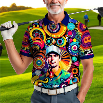 HomyGifts Custom Face Polo Shirt – Personalized Abstract Geometric Art Photo Shirt, Unique Gift for Him & Her