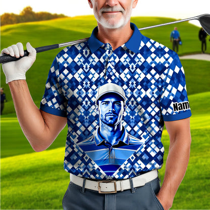 Custom Face Polo Shirt – Geometric Diamond Pattern | Personalized Photo Golf Polo | Unique Gift for Him, Retro Geometric Style Shirt Style 4