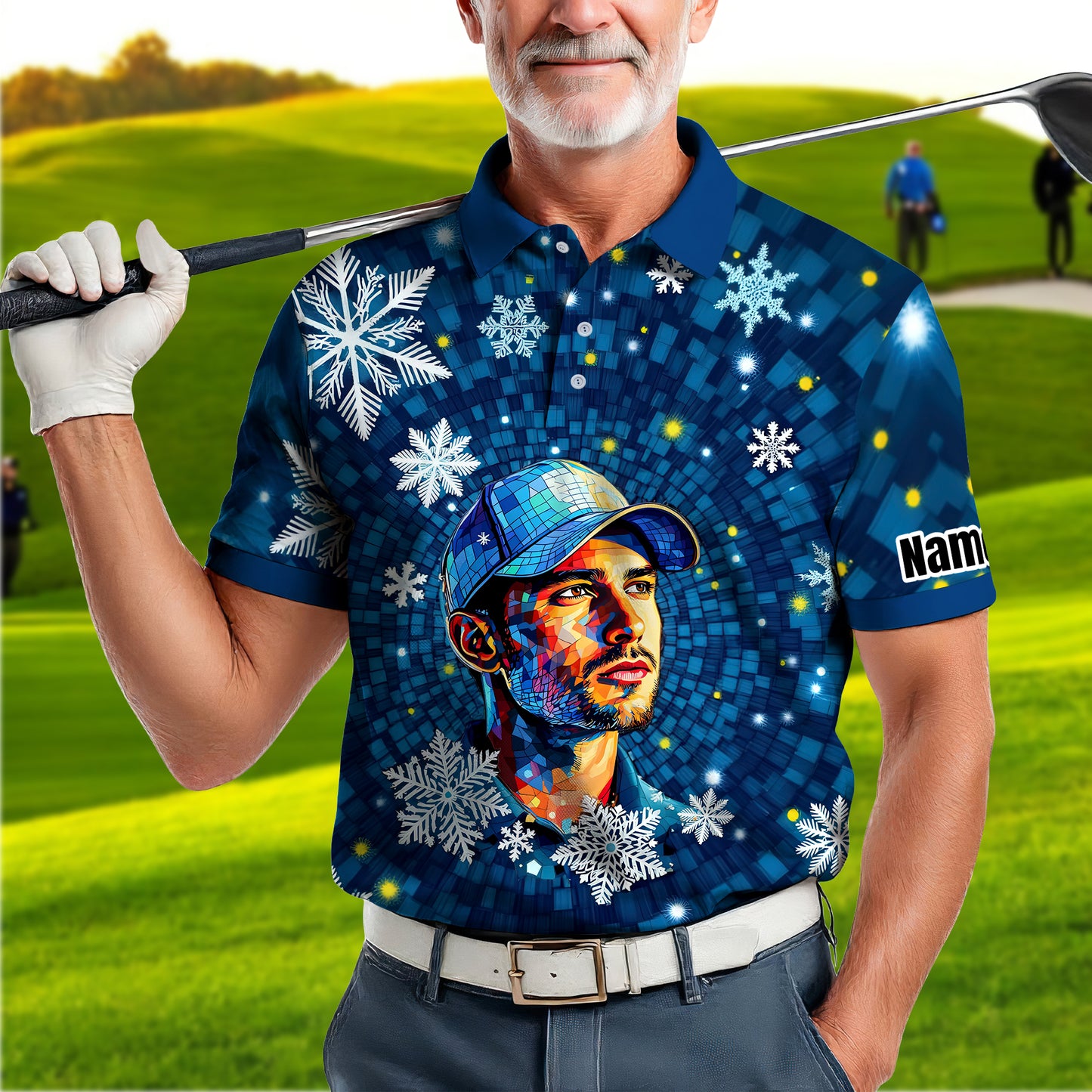 Custom Face Golf Polo Shirt – Personalized Christmas Golf Shirt for Him, Unique Holiday Gift for Golfer, Snowflake Design Golf Apparel Style 7