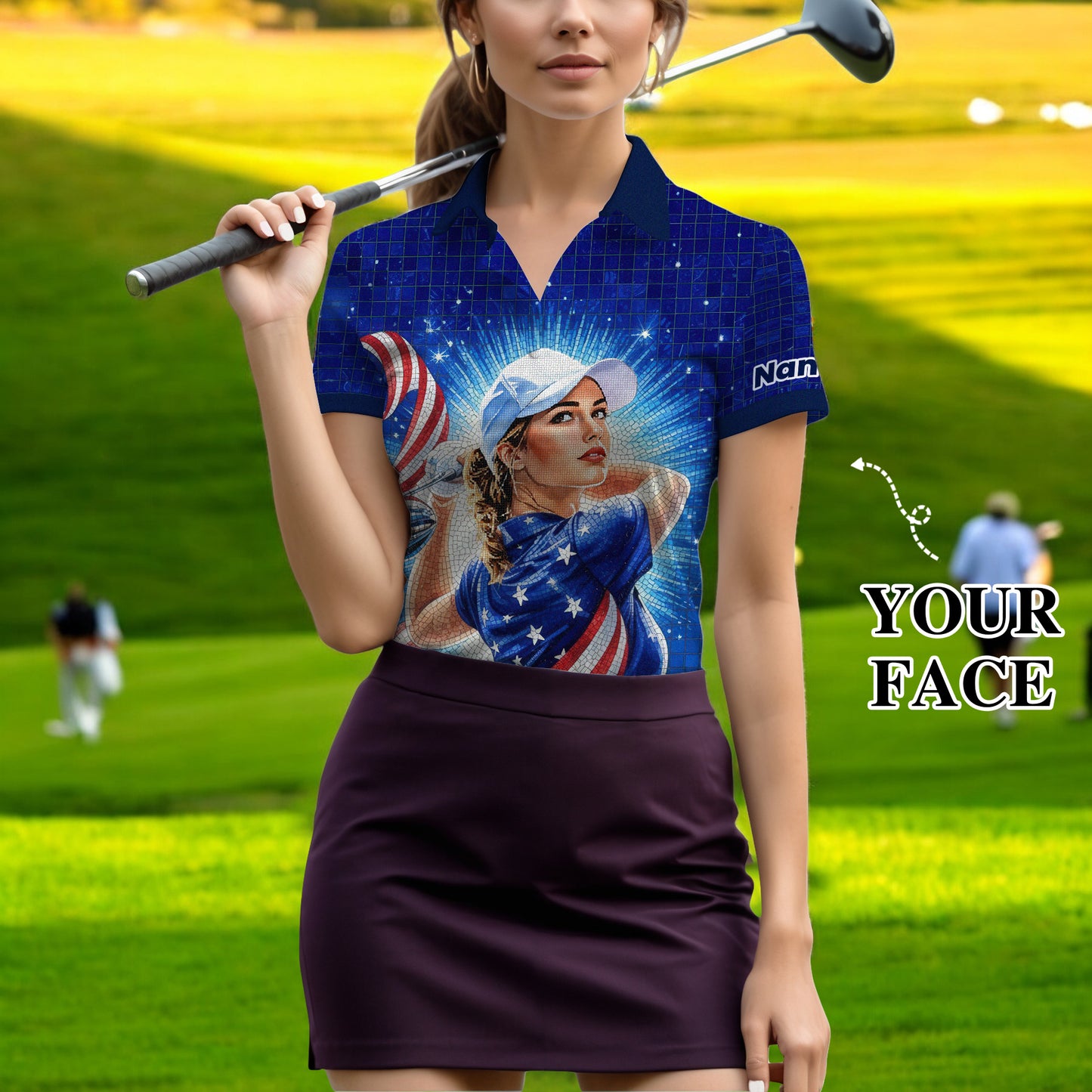 Women’s Custom Face Golf Polo – American Flag Mosaic Art – Personalized USA Patriotic Golf Shirt – Unique 4th of July Gift Style 1