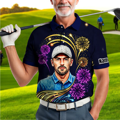 Custom Face Golf Polo Shirt – New Year Fireworks Edition | Personalized Golf Polo | Unique Holiday Gift for Him 2025 Style 6