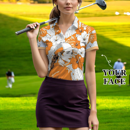 Women’s Custom Face Hibiscus Polo Shirt – Personalized Tropical Floral Polo, Unique Gift for Her, Stylish Custom Golf & Casual Wear Style 11