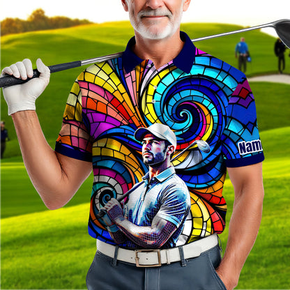 HomyGifts Men's Customized Face Artistic Golf Polo Shirt, Mosaic Art Style, Unique Personalized Golf Polo For Men Style 13