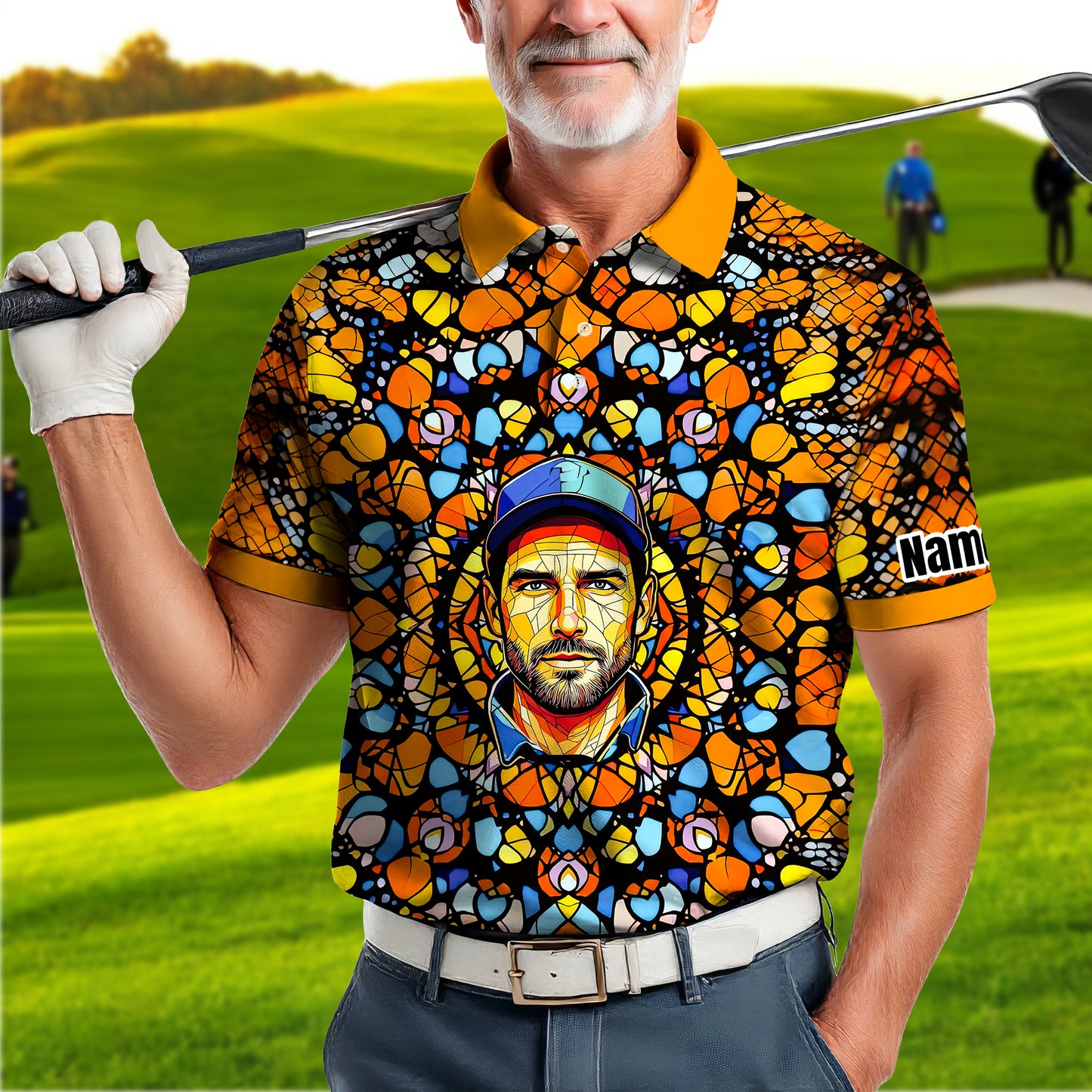 Custom Face Golf Polo Shirt – Personalized Stained Glass Mandala Style Polo, Unique Gift for Men & Women, Vibrant Artistic Golf Shirt, Custom Photo Polo