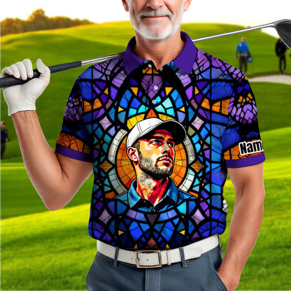 Custom Face Golf Polo Shirt – Personalized Stained Glass Art Shirt, Unique Golf Gift for Him, Colorful Abstract Golf Polo, Custom Sportswear