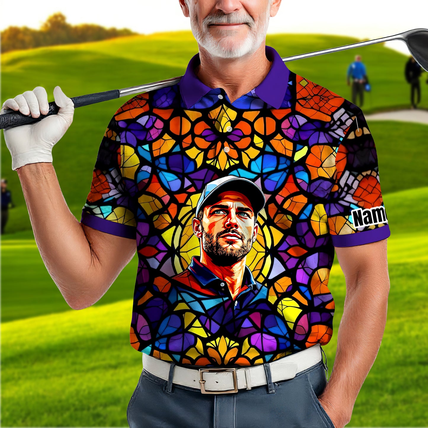 Custom Face Golf Polo Shirt – Personalized Stained Glass Art Shirt, Unique Golf Gift for Him, Colorful Abstract Golf Polo, Custom Sportswear