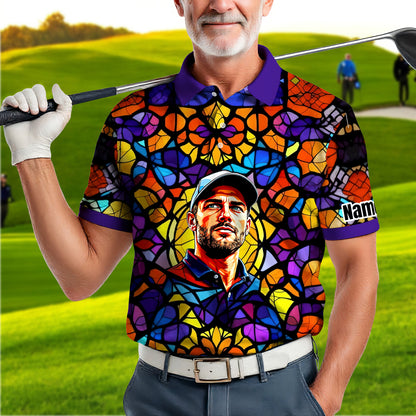 Custom Face Golf Polo Shirt – Personalized Stained Glass Art Shirt, Unique Golf Gift for Him, Colorful Abstract Golf Polo, Custom Sportswear