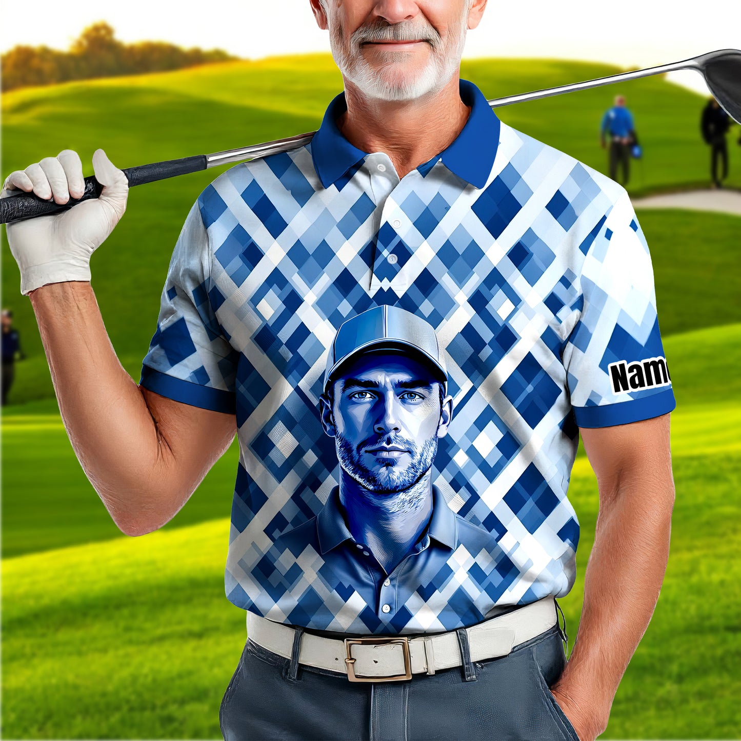 Custom Face Polo Shirt – Geometric Diamond Pattern | Personalized Photo Golf Polo | Unique Gift for Him, Retro Geometric Style Shirt Style 11