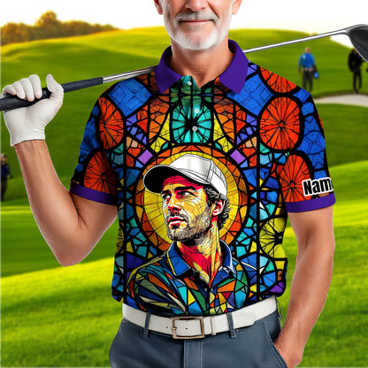 Custom Face Golf Polo Shirt – Personalized Stained Glass Art Shirt, Unique Golf Gift for Him, Colorful Abstract Golf Polo, Custom Sportswear