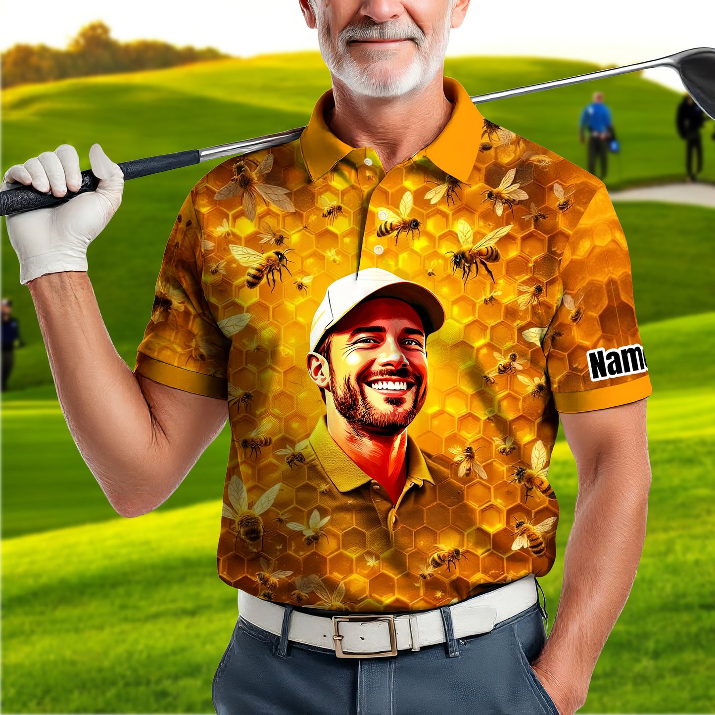 HomyGifts Men's Customized Face Artistic Golf Polo Shirt, Personalized Bee & Honeycomb Polo Shirt with Face, Funny Honey Lover Outfit, Summer Polo for Men Style 4