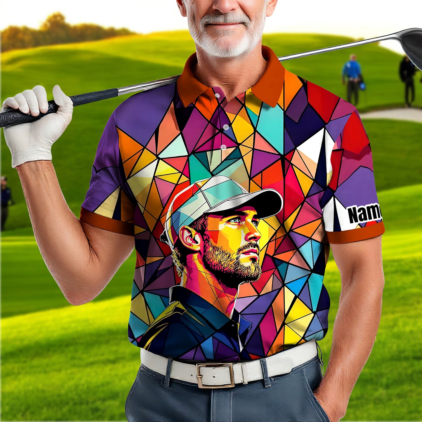 HomyGifts Men's Customized Face Artistic Golf Polo Shirt, Angular Geometric Glass Pattern, Stained-Glass Mosaic Print, Personalized Sublimation Golf Shirt, Vibrant Geometric Portrait Tee