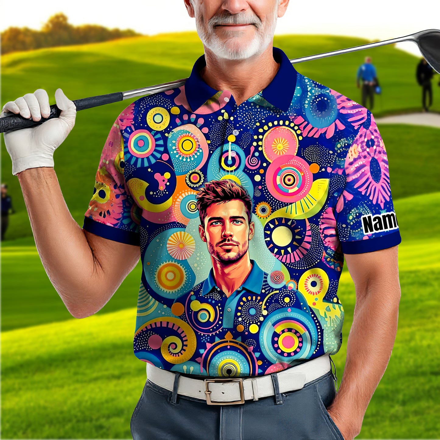 HomyGifts Custom Face Polo Shirt – Personalized Abstract Geometric Art Photo Shirt, Unique Gift for Him & Her