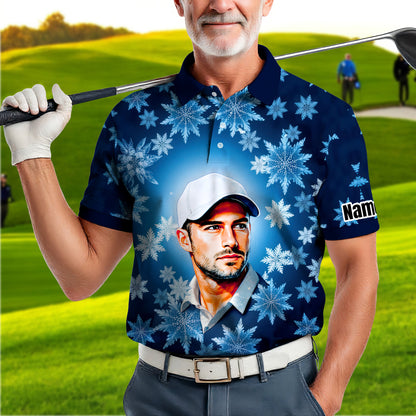 Custom Face Golf Polo Shirt – Personalized Christmas Golf Shirt for Him, Unique Holiday Gift for Golfer, Snowflake Design Golf Apparel Style 9