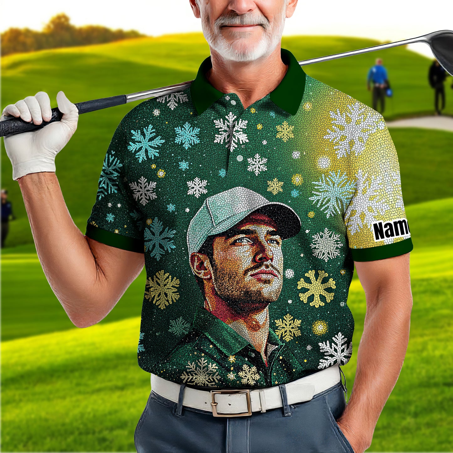 Custom Face Golf Polo Shirt – Personalized Christmas Golf Shirt for Him, Unique Holiday Gift for Golfer, Snowflake Design Golf Apparel Style 18