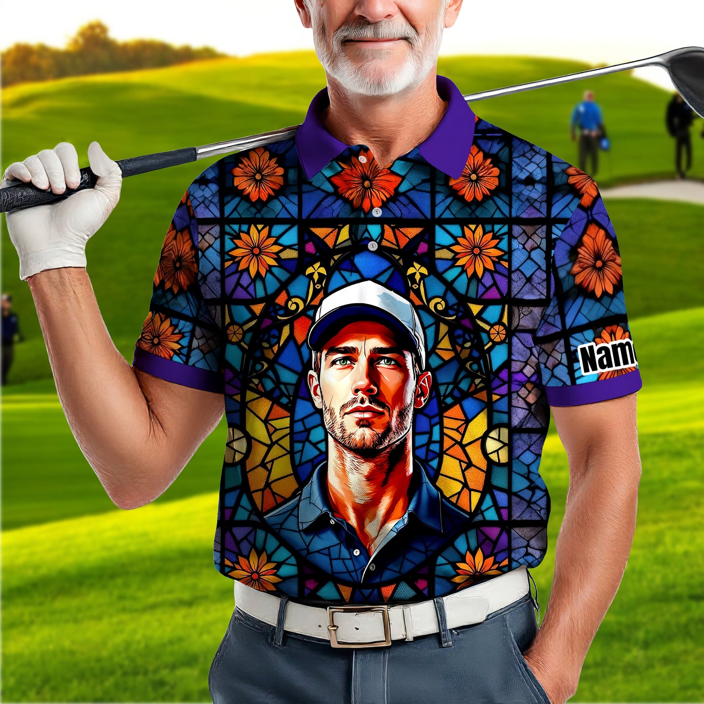 Custom Face Golf Polo Shirt – Personalized Stained Glass Art Shirt, Unique Golf Gift for Him, Colorful Abstract Golf Polo, Custom Sportswear