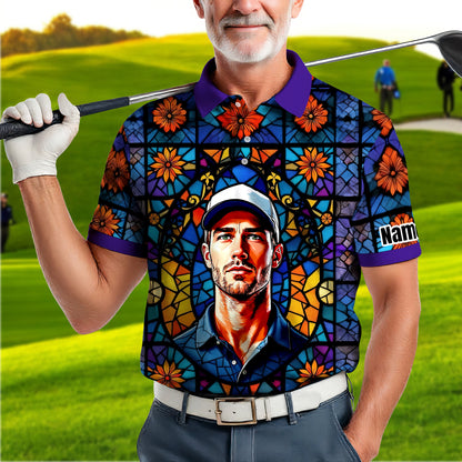 Custom Face Golf Polo Shirt – Personalized Stained Glass Art Shirt, Unique Golf Gift for Him, Colorful Abstract Golf Polo, Custom Sportswear