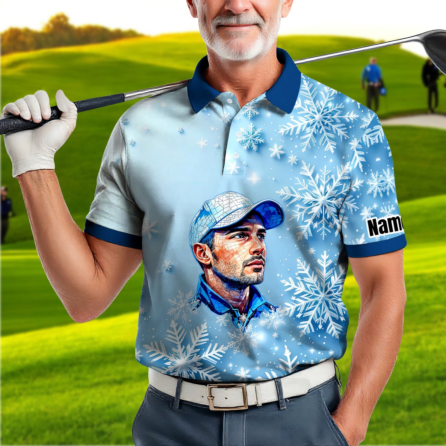 Custom Face Golf Polo Shirt – Personalized Christmas Golf Shirt for Him, Unique Holiday Gift for Golfer, Snowflake Design Golf Apparel Style 6