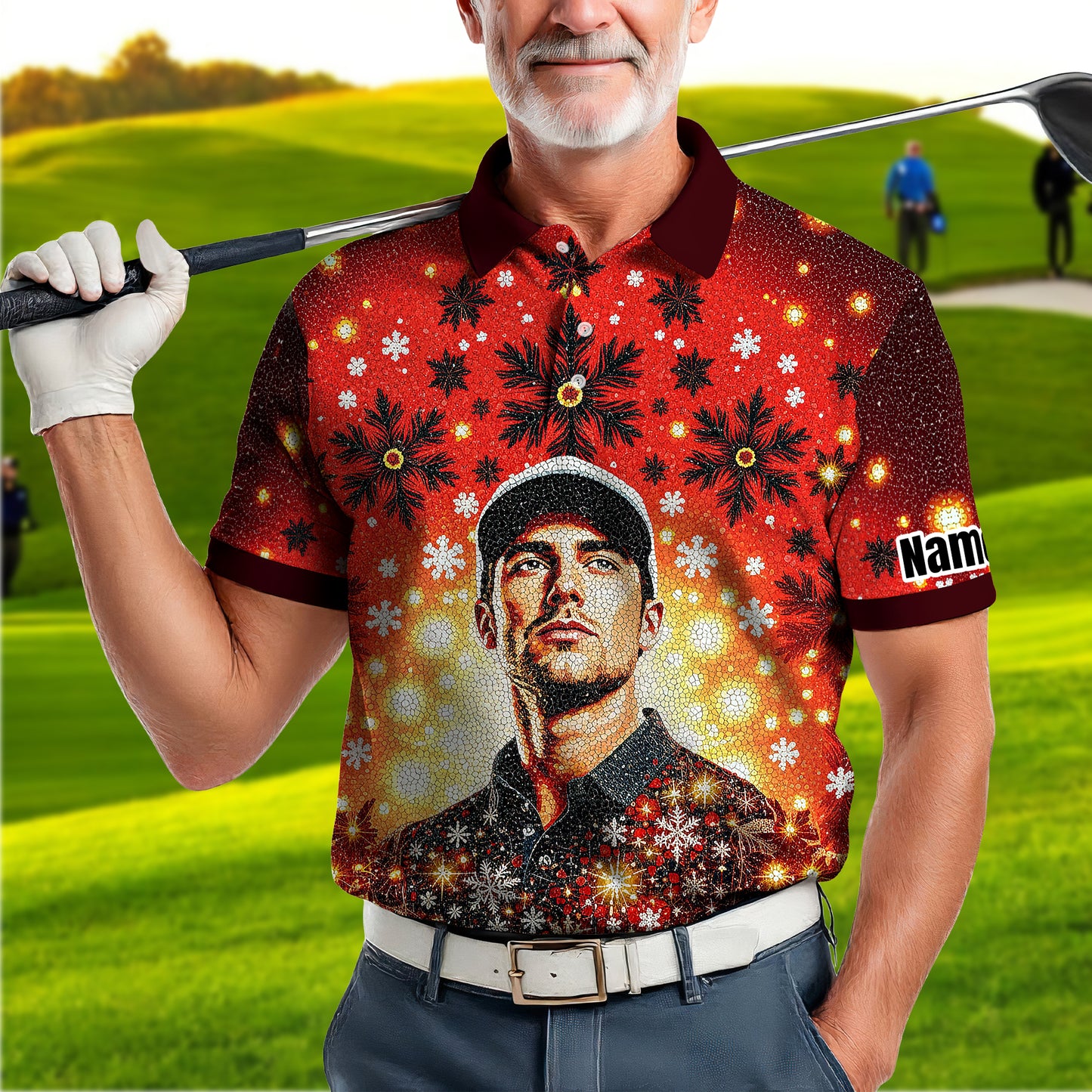 Custom Face Golf Polo Shirt – Personalized Christmas Golf Shirt for Him, Unique Holiday Gift for Golfer, Snowflake Design Golf Apparel Style 13