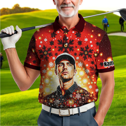 Custom Face Golf Polo Shirt – Personalized Christmas Golf Shirt for Him, Unique Holiday Gift for Golfer, Snowflake Design Golf Apparel Style 13