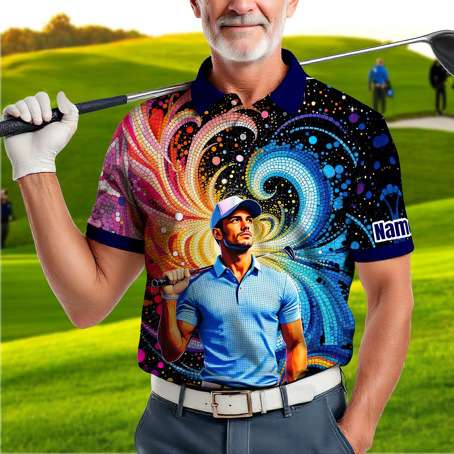 HomyGifts Men's Customized Face Artistic Golf Polo Shirt, Mosaic Art Style, Unique Personalized Golf Polo For Men