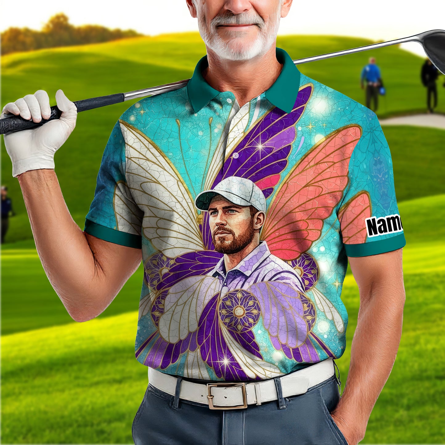Custom Face Butterfly Golf Polo Shirt – Personalized Spring Mirage Art Style – Unique Gift for Him, Nature Inspired Men's Shirt Style 2
