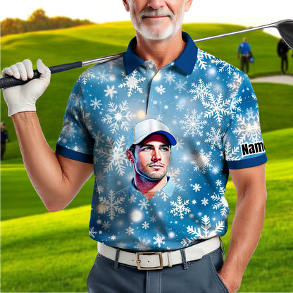 Custom Face Golf Polo Shirt – Personalized Christmas Golf Shirt for Him, Unique Holiday Gift for Golfer, Snowflake Design Golf Apparel Style 2