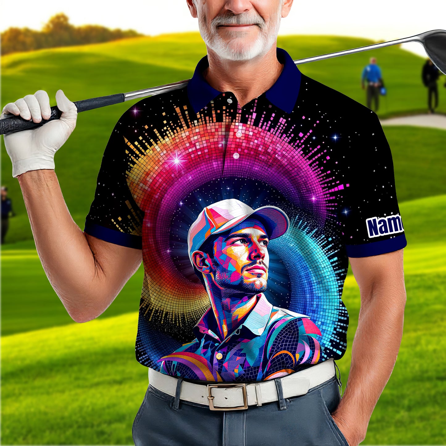 HomyGifts Men's Customized Face Artistic Golf Polo Shirt, Mosaic Art Style, Unique Personalized Golf Polo For Men