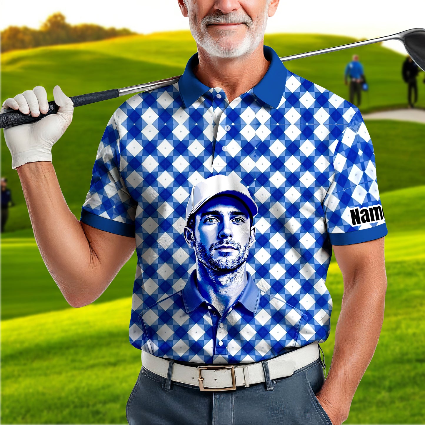 Custom Face Polo Shirt – Geometric Diamond Pattern | Personalized Photo Golf Polo | Unique Gift for Him, Retro Geometric Style Shirt Style 5
