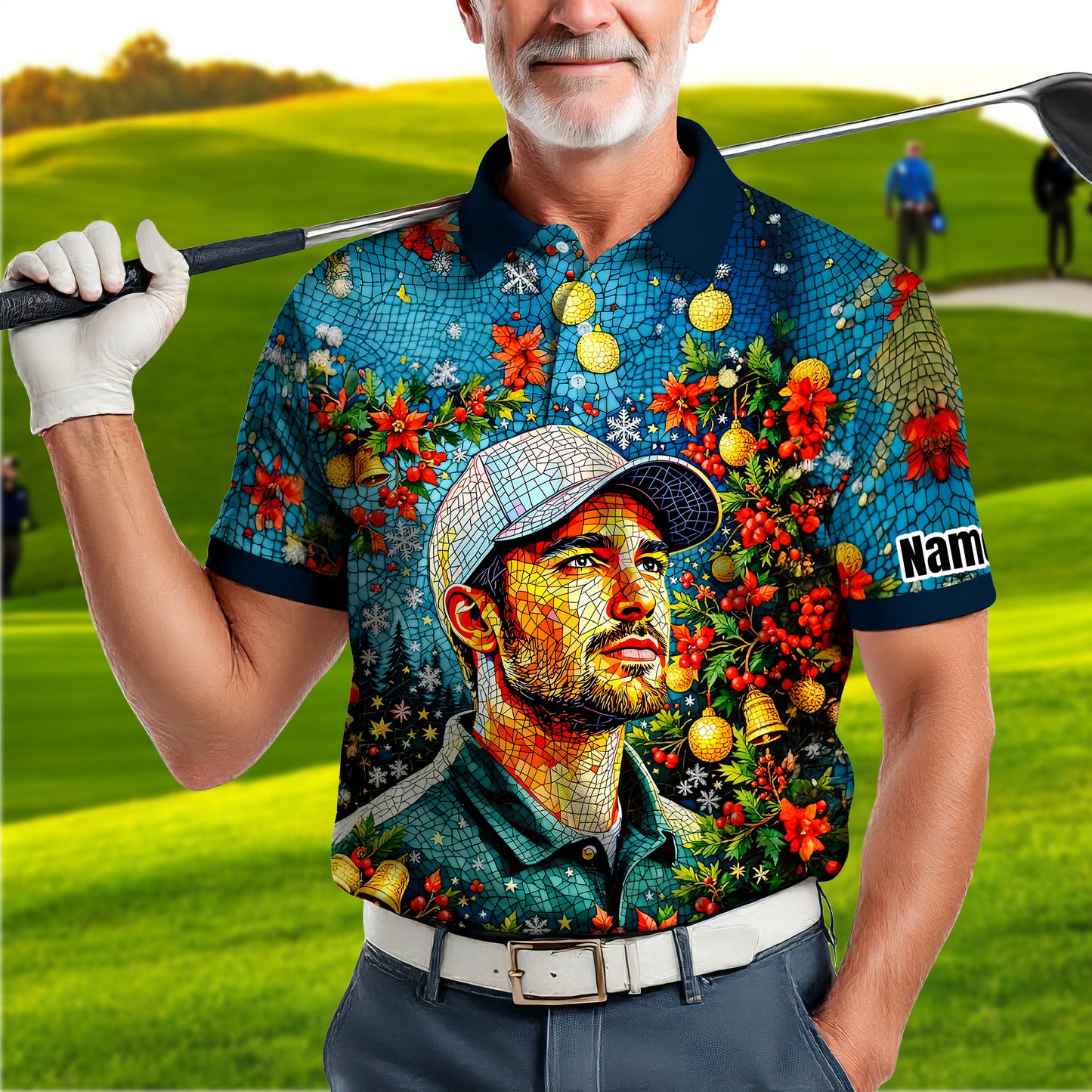 Personalized Christmas Golf Polo Shirt with Your Face – Custom Photo Holiday Shirt – Unique Mosaic Art Xmas Gift for Men, Custom Golf Apparel Style 3