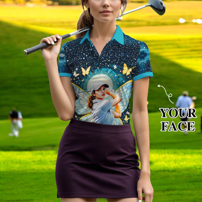 Custom Face Women’s Golf Polo Shirt – Spring Butterfly Mirage Art | Personalized Floral Fantasy Sports Shirt for Golfers Style 6