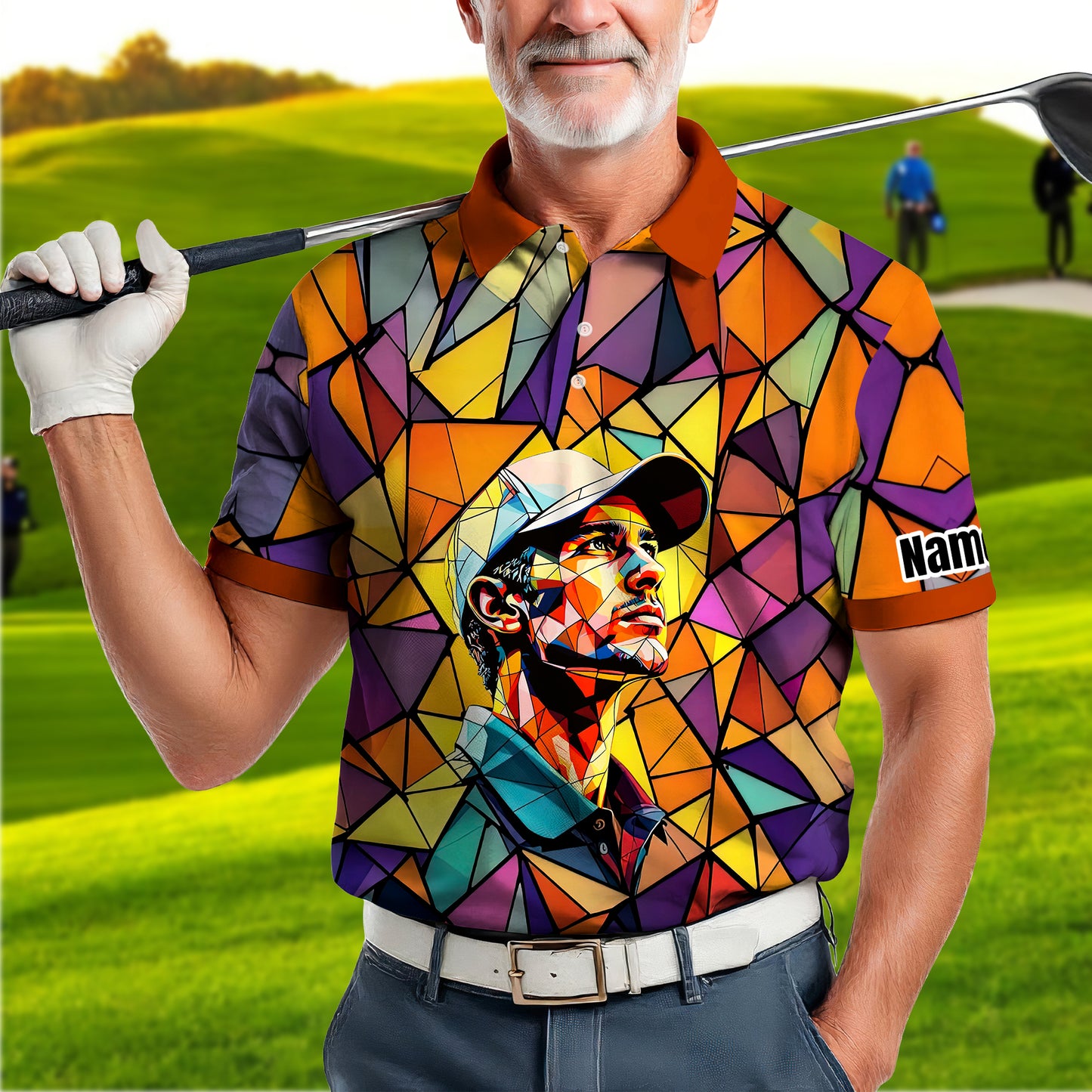 Angular Geometric Glass Pattern Custom Face Polo — Stained-Glass Mosaic Print, Personalized Sublimation Golf Shirt, Vibrant Geometric Portrait Tee
