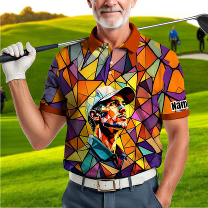 Angular Geometric Glass Pattern Custom Face Polo — Stained-Glass Mosaic Print, Personalized Sublimation Golf Shirt, Vibrant Geometric Portrait Tee