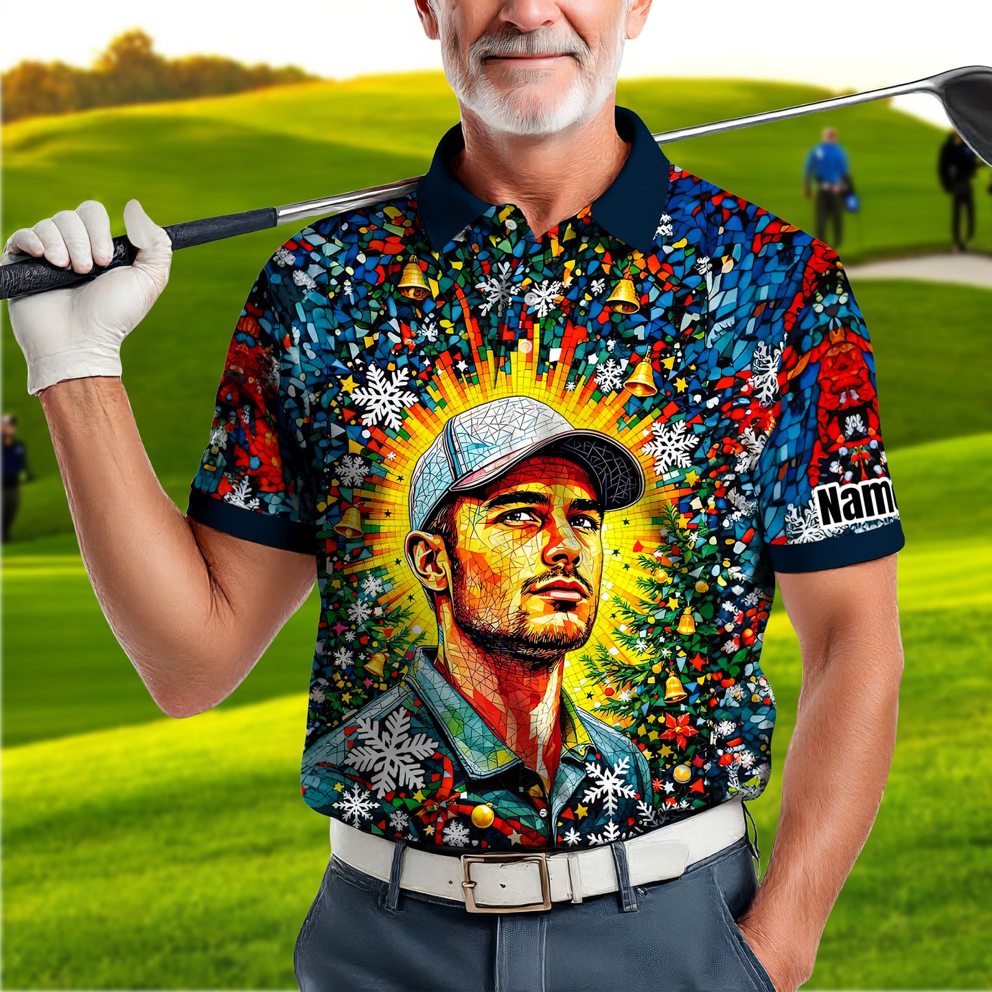 Personalized Christmas Golf Polo Shirt with Your Face – Custom Photo Holiday Shirt – Unique Mosaic Art Xmas Gift for Men, Custom Golf Apparel Style 4