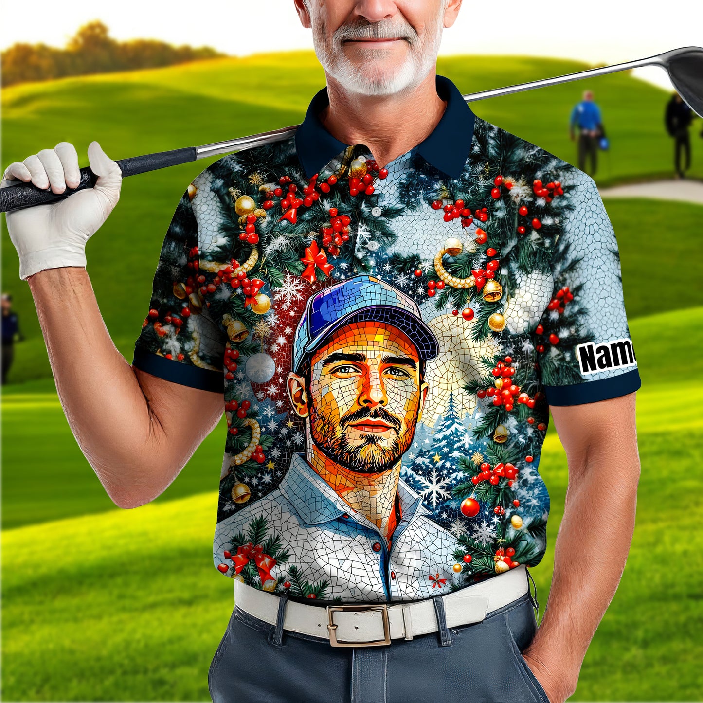 Personalized Christmas Golf Polo Shirt with Your Face – Custom Photo Holiday Shirt – Unique Mosaic Art Xmas Gift for Men, Custom Golf Apparel Style 9