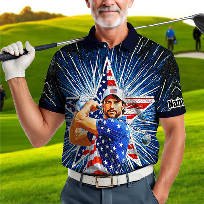 Custom Face Patriotic Golf Polo Shirt – Personalized USA Flag Design – American Pride Gift for Him – Mosaic Art Golf Shirt Style 4