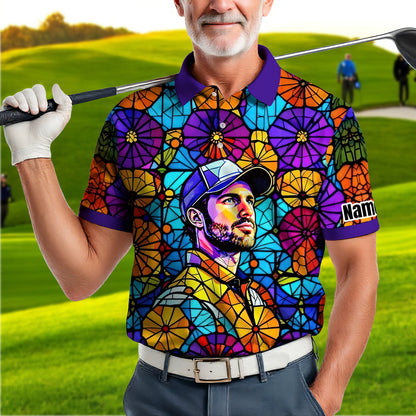 Custom Face Golf Polo Shirt – Personalized Stained Glass Art Shirt, Unique Golf Gift for Him, Colorful Abstract Golf Polo, Custom Sportswear