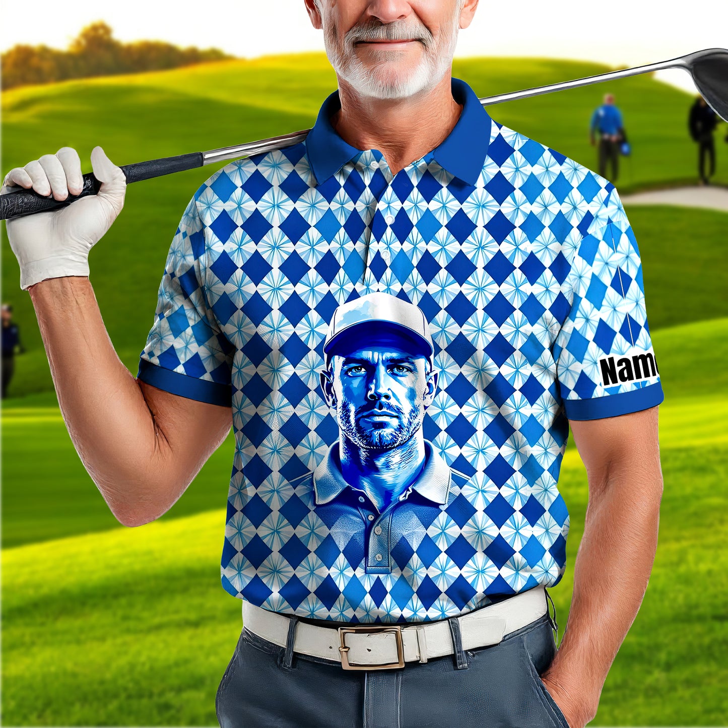 Custom Face Polo Shirt – Geometric Diamond Pattern | Personalized Photo Golf Polo | Unique Gift for Him, Retro Geometric Style Shirt Style 13