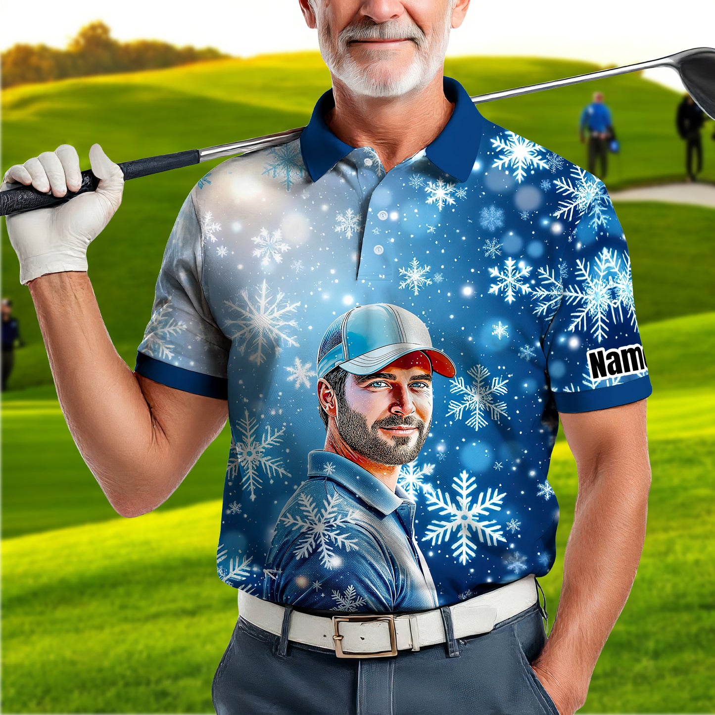 Custom Face Golf Polo Shirt – Personalized Christmas Golf Shirt for Him, Unique Holiday Gift for Golfer, Snowflake Design Golf Apparel Style 3