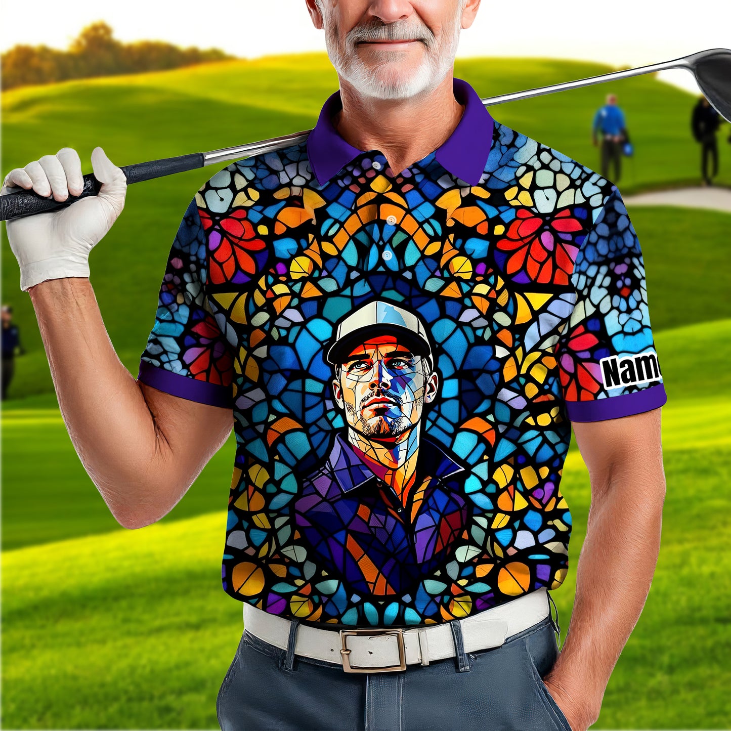 Custom Face Golf Polo Shirt – Personalized Stained Glass Art Shirt, Unique Golf Gift for Him, Colorful Abstract Golf Polo, Custom Sportswear