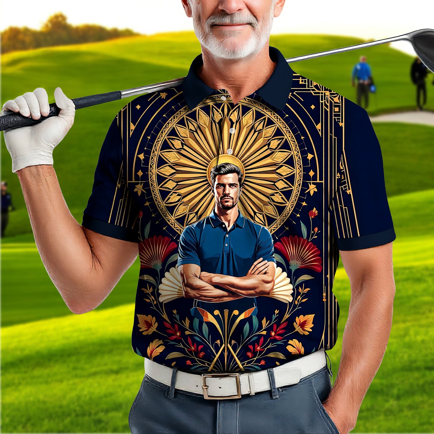 Custom Face Golf Polo Shirt – Swing in Gold Art Deco Revival Style | Personalized Golf Shirt for Men Style 2