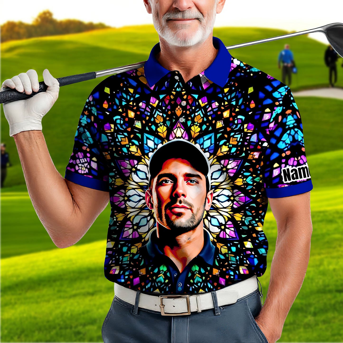 Custom Face Golf Polo Shirt – Personalized Stained Glass Mandala Style Polo, Unique Gift for Men & Women, Vibrant Artistic Golf Shirt, Custom Photo Polo